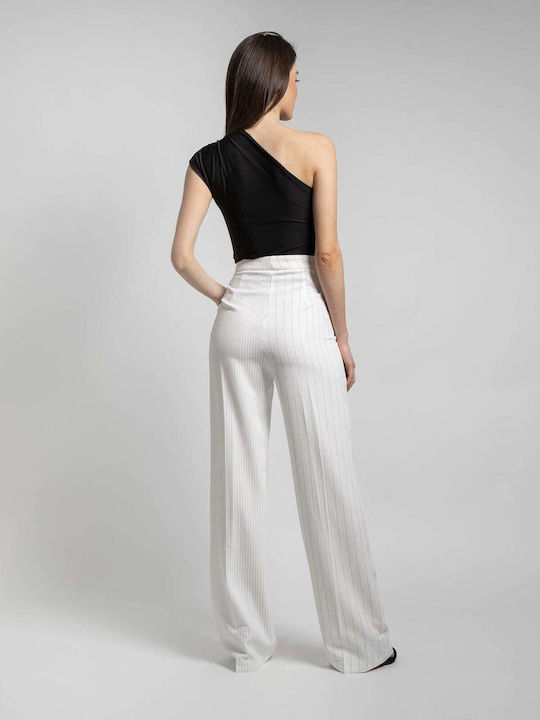 Fashioncore Women's High-waisted Fabric Trousers in Straight Line Striped WHITE