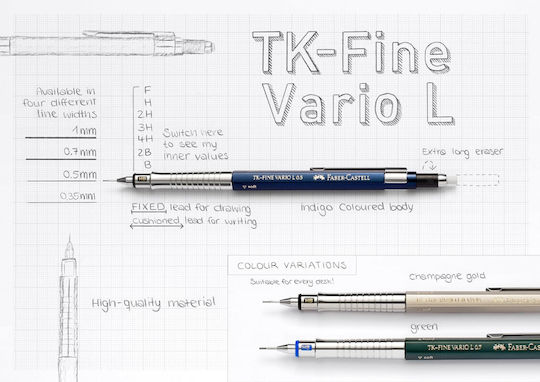 Faber-Castell Tk-fine Vario L Mechanischer Bleistift zum Zeichnen Metallisch 0.5mm mit Radiergummi 1Stück Blau
