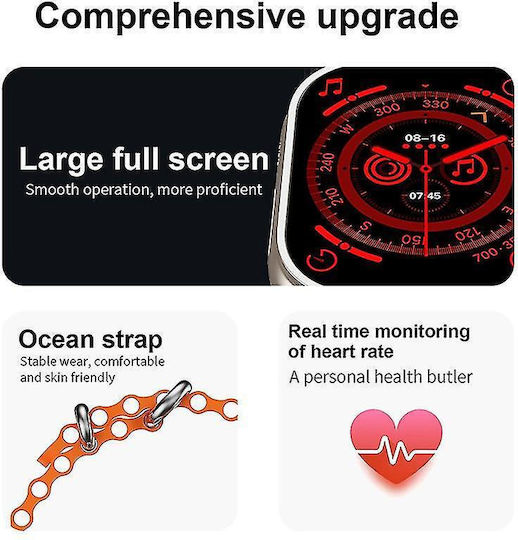 Qian I20 Ultra Max 2.3' 49mm + Bluetooth HandsFree Gift + Protective Glass Wireless Charging Waterproof 10 +1 Men's Women's Set Silver