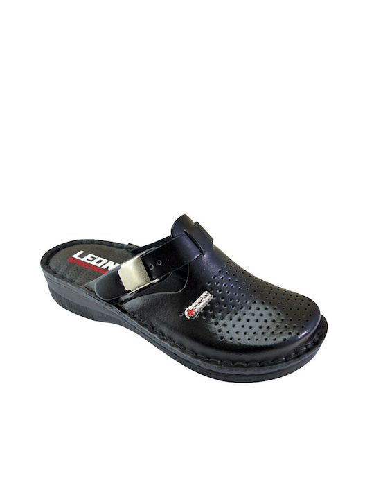 Leon Medikal Leather Anatomic Clogs Black