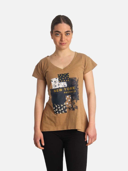 Paco & Co Γυναικείο T-shirt με V Λαιμόκοψη Καφέ