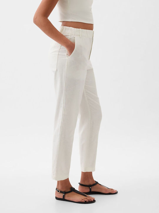 Women's High-waisted Linen Trousers with Elastic White