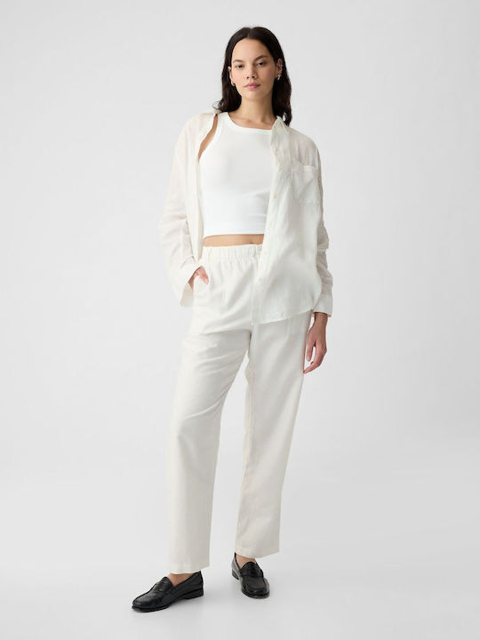Women's High-waisted Linen Trousers with Elastic White