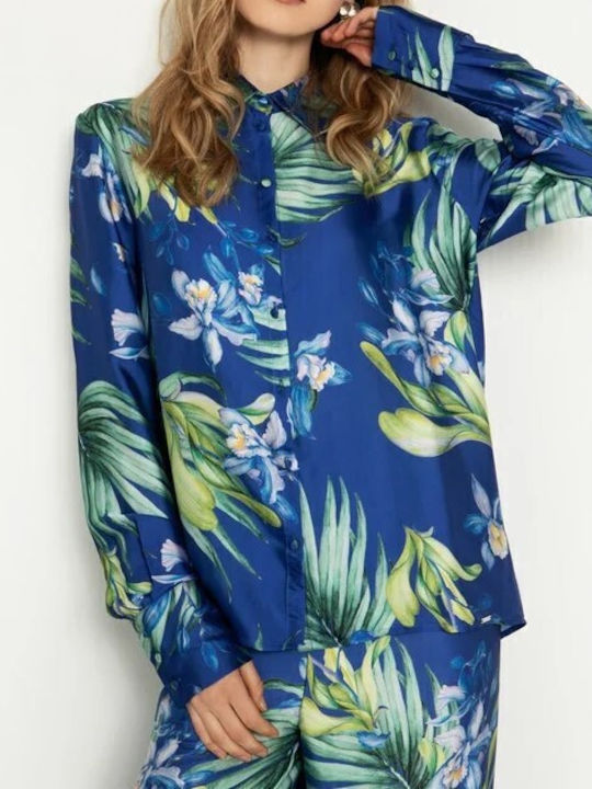 Mânecă lungă Femei Satin Cămașă Albastru Floral