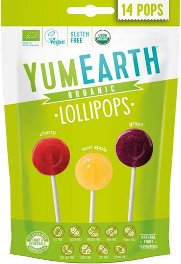 YumEarth Lollipops Organic Pops with Flavor Cherry, Apple, Grape 87gr 14pcs