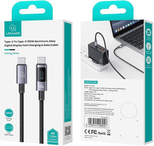 Usams Digital Display USB 2.0 Cable USB-C male - USB-C 100W PD Μαύρο 1.2m US-SJ671