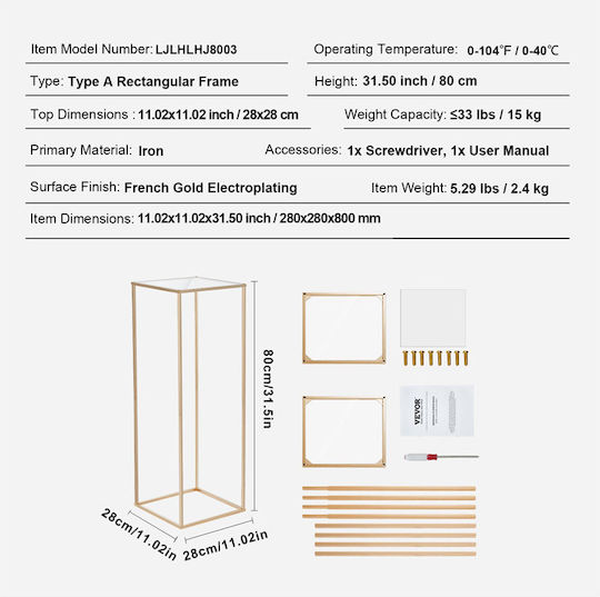 Vevor Ανθοστήλες Μεταλλικές Χρυσές 28x28x80εκ. 2τμχ