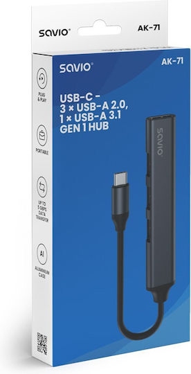 Savio Hub 4 Θυρών USB 2.0 με σύνδεση USB-C Γκρι