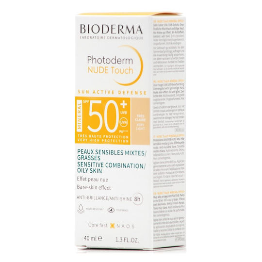 Bioderma Photoderm NUDE Touch Mineral SPF50+ Claire Cremă Solară Colorată pentru Față pentru Piele Mixtă spre Grasă Nuanță Foarte Deschisă