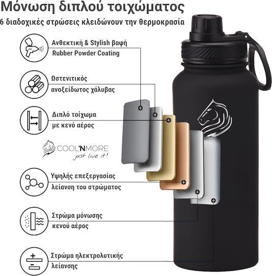 Cool'NMore Stainless Steel Thermos Bottle BPA Free 1L Black with Handle Straw Loop and Mouthpiece