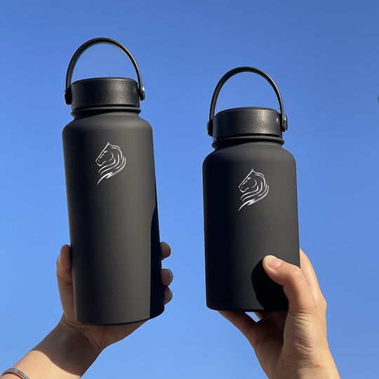 Cool'NMore Stainless Steel Thermos Bottle BPA Free 1L Black with Handle Straw Loop and Mouthpiece