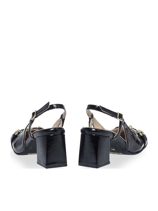 Leather Pointed Toe Black Heels with Strap