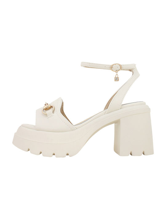 Gianna Kazakou Leder Damen Sandalen mit hohem Absatz in Beige Farbe