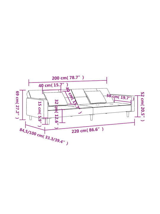 Doppelsitzer Sofa Bett Samt Rosa mit Dekokissen 220x84,5x69cm