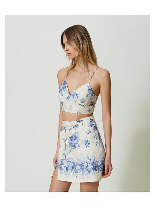 Leinen Hoch tailliert Mini Rock Blumen Blau