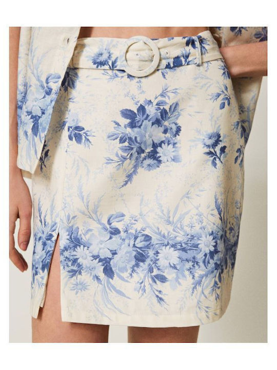 Leinen Hoch tailliert Mini Rock Blumen Blau