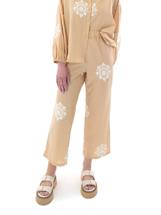 August Women's High-waisted Cotton Trousers in Wide Line White - Beige