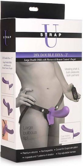 Strap U Harness με Διπλό Dildo και Δόνηση σε Μωβ Χρώμα