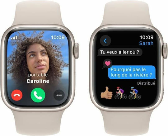Apple Часовник Серия 9 Cellular Алуминий 41мм Водоустойчив с eSIM и Пулсомер (Starlight с Каишка Starlight Sport - S/M)