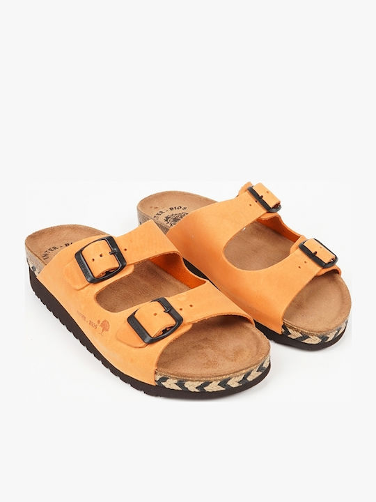 Leather Women's Flat Sandals in Orange Color