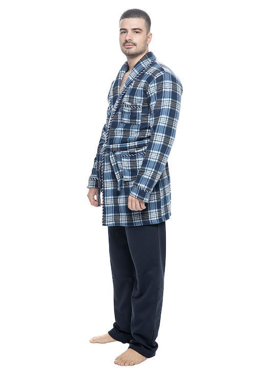 Men's Winter Fleece Checked Pajama Robe Blue