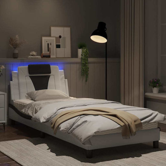 Single Bed Upholstered with White Faux Leather with Slats for 90x190cm Mattress