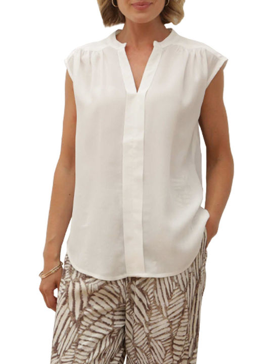 Pomodoro Women's Blouse with V Neck White