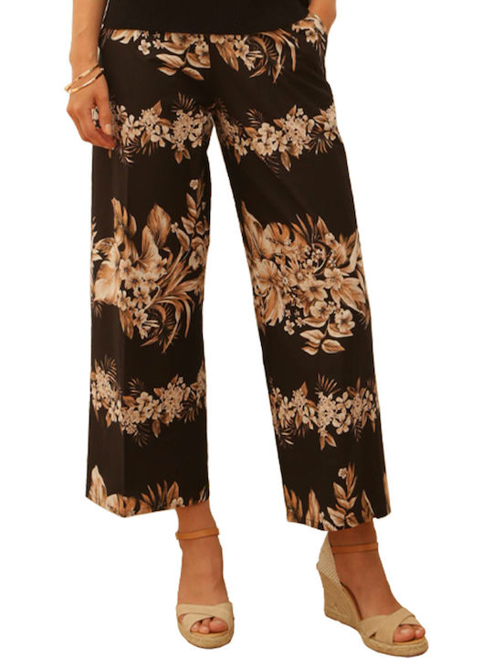 Pomodoro Damen Hochtailliert Stoff Palazzo-Hose Blumen black