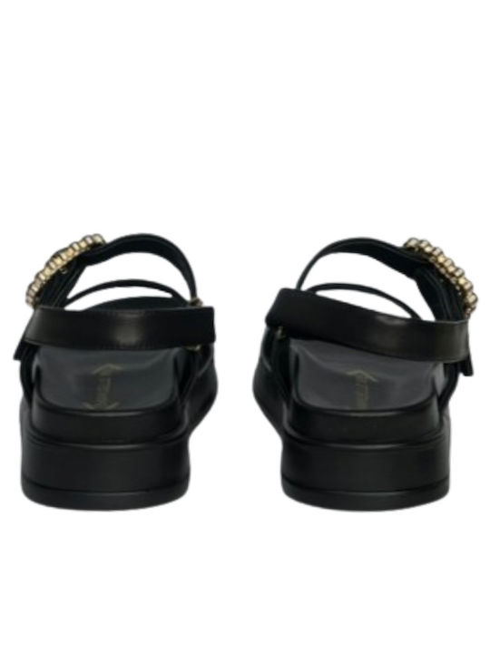 Flatforms Leather Women's Sandals with Strass Black