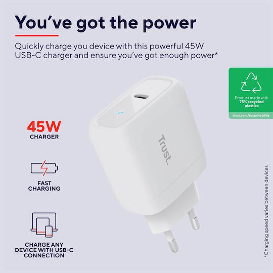 Trust Φορτιστής με Θύρα USB-C και Καλώδιο USB-C - USB-C 45W Power Delivery Λευκός (Maxo)