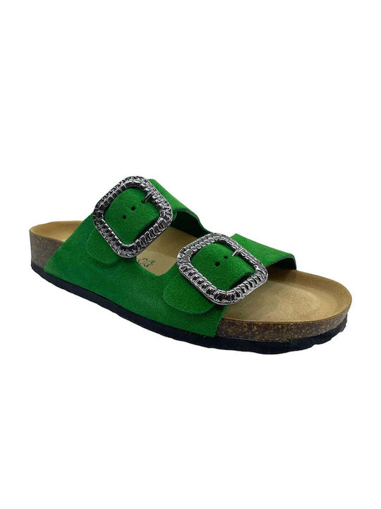 BioNatura Leather Women's Flat Sandals in Green Color