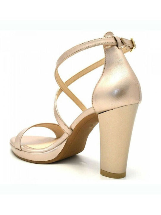 Leder Damen Sandalen Anatomisch mit Chunky hohem Absatz in Beige Farbe