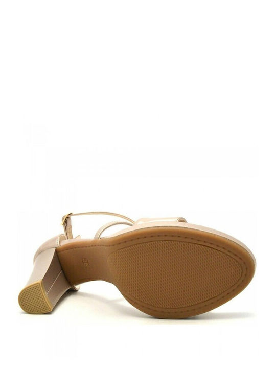 Leder Damen Sandalen Anatomisch mit Chunky hohem Absatz in Beige Farbe