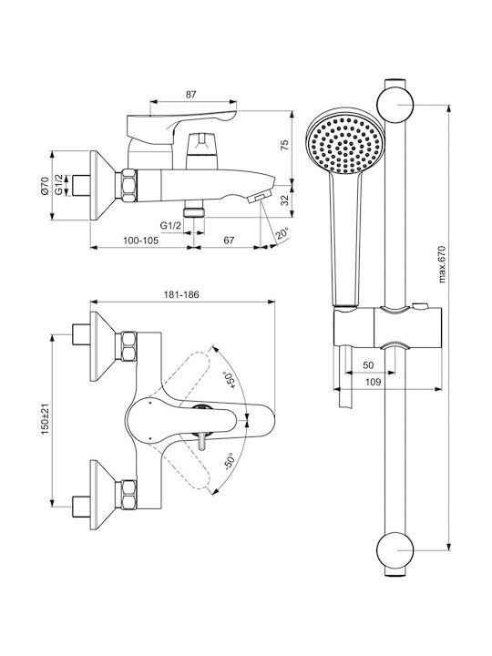 Ideal Standard Alpha Αναμεικτική Μπαταρία Ντουζιέρας Πλήρες Σετ