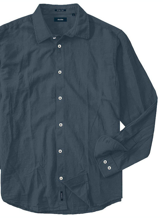 Double Men's Shirt Long Sleeve Linen D.k Blue