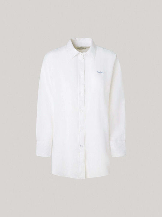 Pepe Jeans Women's Linen Monochrome Long Sleeve Shirt White