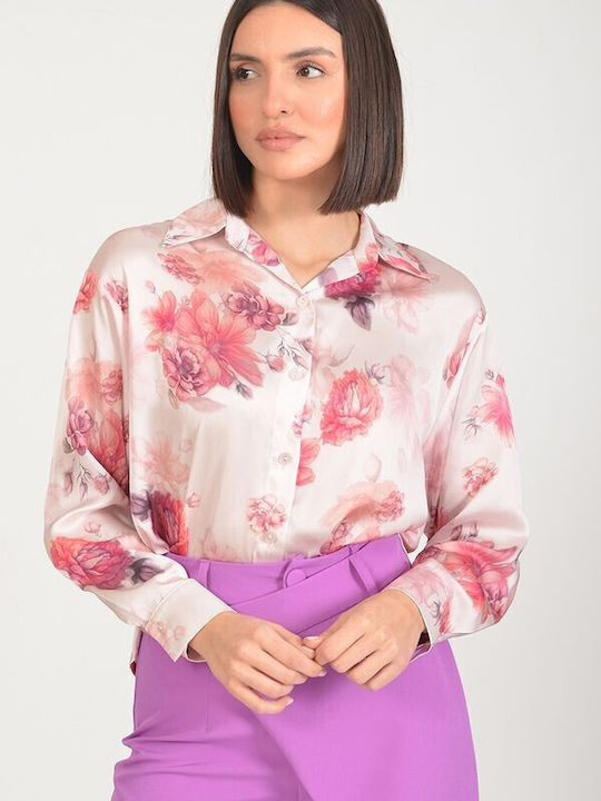 Tweet With Love Women's Satin Floral Long Sleeve Shirt Pink