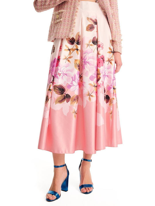 Forel Satin High-waisted Midi Skirt Floral in Pink Color