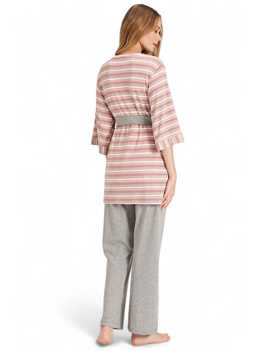Feyza Short Robe with Pajama Relaxed Fit for Maternity Hospital & Breastfeeding Gray FZA5080