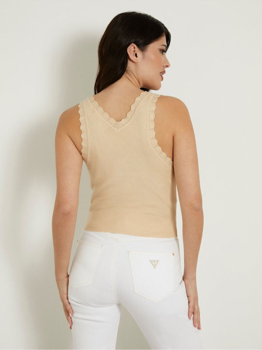 Women's Blouse Sleeveless with V Neckline Beige