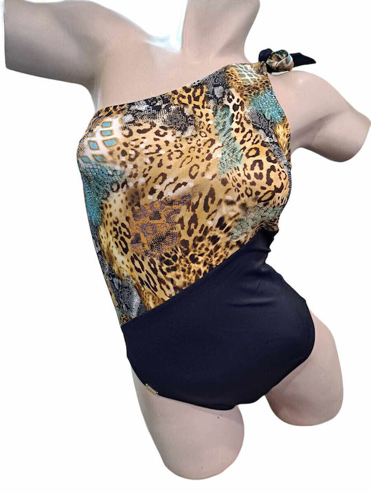 Costum De Baie Întreg Negru Animal Print Pe Un Umăr