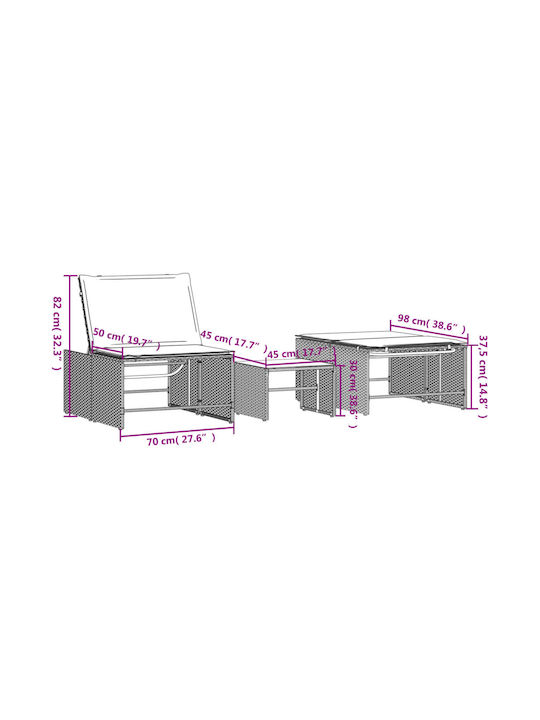 Deckchair Rattan with Cushion Gray 2pcs 70x98cm.