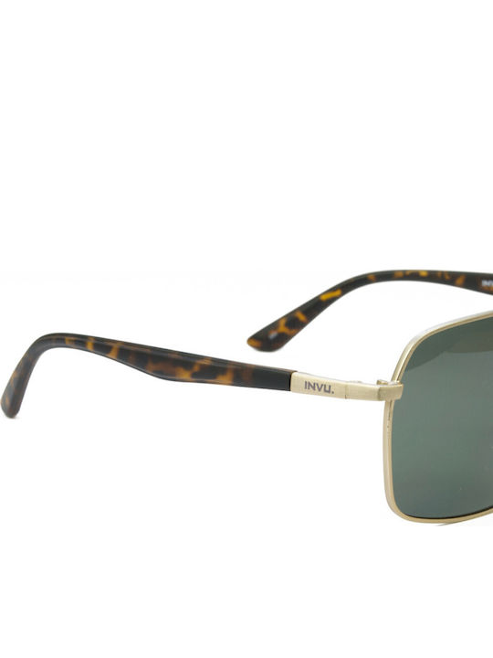 Invu Men's Sunglasses with Gold Metal Frame and Green Lens