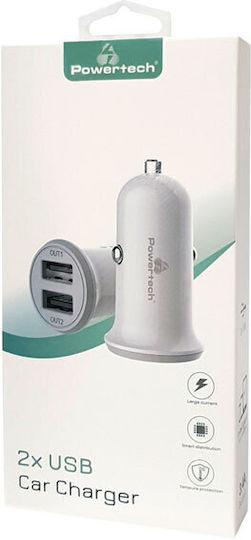 Powertech Зарядно за кола 3.4Спецификация с Портове: 2xUSB Бял Цвят