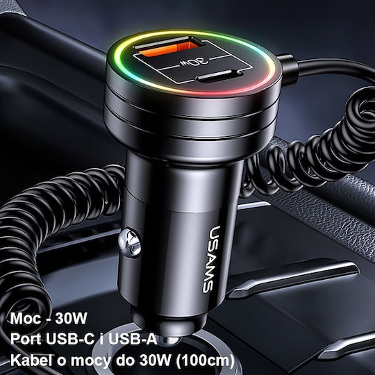 Usams Φορτιστής Αυτοκινήτου 60W με Θύρες: 1xUSB 2xType-C μαζί με Καλώδιο Ενσωματωμένο Μαύρος
