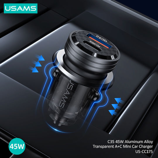 Usams US-CC175 Автомобилен Заряден Устройство 45W Бързо Зареждане с Портове 1xUSB-A 1xUSB-C Лилав Цвят