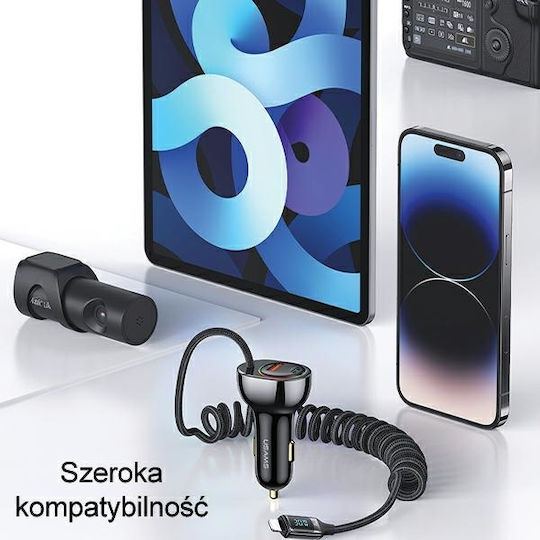 Usams Car Charger 30W Fast Charging with Ports: 1xUSB 1xType-C with Cable Lightning / Embedded Black Color