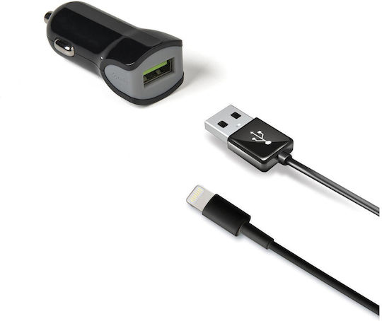 Celly Turbo Car Charger 2.4A Lightning Auto-Ladegerät 12W 2.4A mit einem Anschluss: 1xUSB mit Kabel Blitzschlag Schwarz Farbe