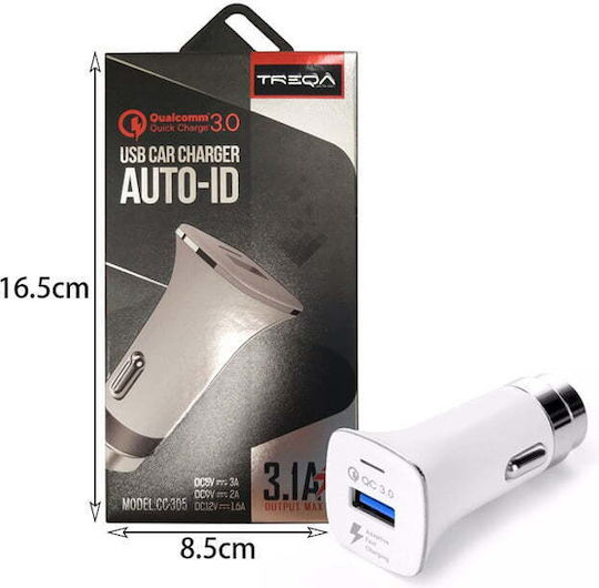 Treqa Auto-Ladegerät 18W 3.1A Schnellladung mit einem Anschluss: 1xUSB Weiß Farbe