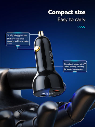 Ldnio C101 Car Charger 100W 3A Fast Charging with Ports: 1xUSB 1xType-C with Cable Type-C Black Color